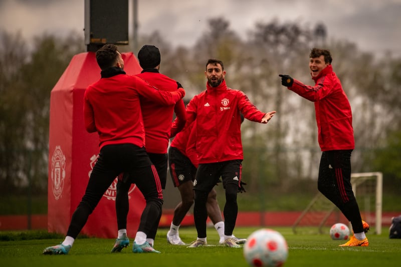 Alex Telles, Bruno Fernandes, Victor Lindelof during the Manchester United training session at Carrington on Thursday, April 7, 2022. All pictures Getty 