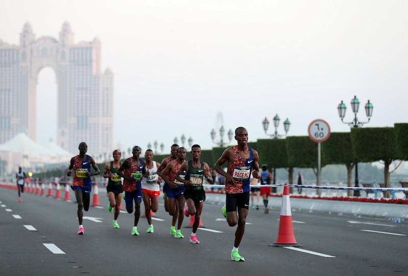 Abu Dhabi, United Arab Emirates - December 06, 2019: Reuben Kipyego in the lead in the ADNOC Abu Dhabi marathon 2019. Friday, December 6th, 2019. Abu Dhabi. Chris Whiteoak / The National