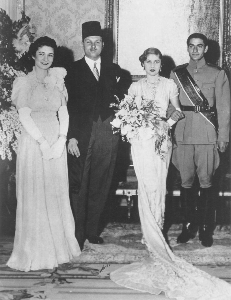 The wedding ceremony of Mohammad Reza Pahlavi (1919 - 1980, right ), Crown Prince of Iran, and Princess Fawzia of Egypt (1921 - 2013, with bouquet) at Abdeen Palace in Cairo, Egypt, 15th March 1939. With them are King Farouk of Egypt (1920 - 1965) and Queen Farida of Egypt.  (Photo by Central Press/Hulton Archive/Getty Images)