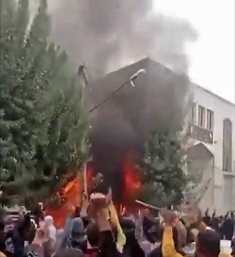 A fire burns at the office of the governor of Mahabad, in the West Azerbaijan province of Iran. AFP