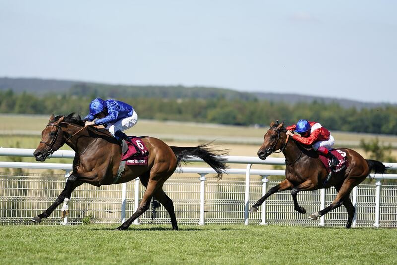 CHICHESTER, ENGLAND - AUGUST 02:  William Buick riding Wild Illusion (L) win The Qatar Nassau Stakes at Goodwood Racecourse on August 2, 2018 in Chichester, United Kingdom. (Photo by Alan Crowhurst/Getty Images)