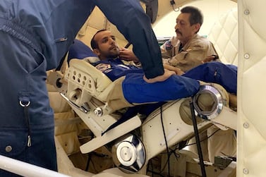 Hazza Al Mansoori is strapped into a centrifuge that will spin in circles to test his endurance. Hazza Al Mansoori / Twitter