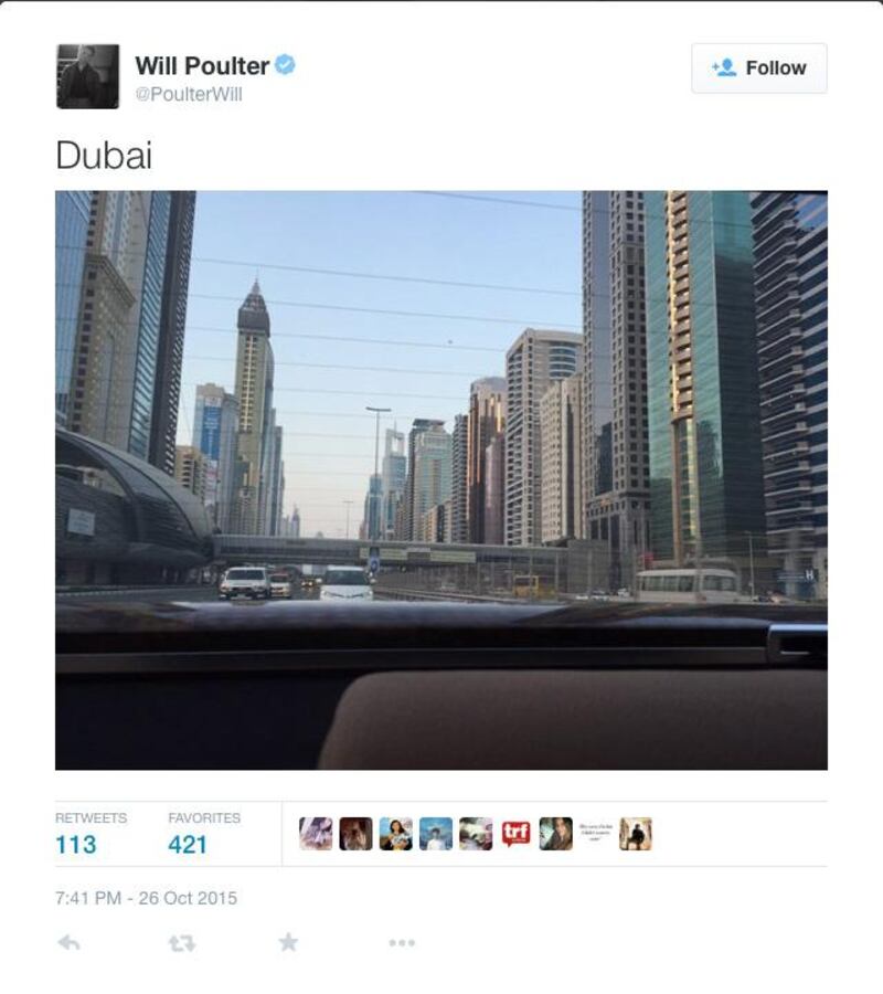 A screenshot of actor Will Poulter’s tweet showing a photo of Sheikh Zayed Road in Dubai.