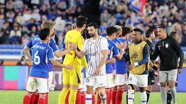 Al Ain defender Khalid Al Hashemi shakes hands at full timetheir Japanese opponents 2-1 ahead of the Asian Champions League final second leg at home on May 25, 2024. Chris Whoteoak / The National