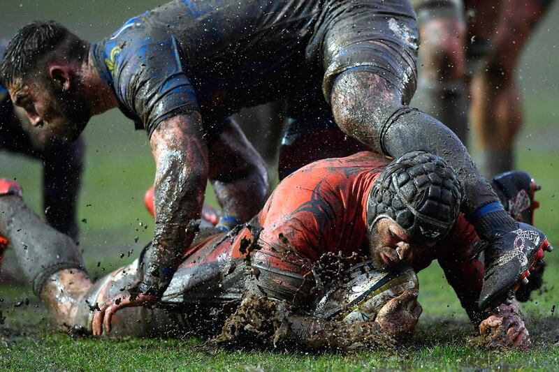 Falcons captain Will Welch is stopped just short of the line during the Anglo- Welsh Cup match between Newport Gwent Dragons and Newcastle Falcons at Rodney Parade in Newport, Wales. Stu Forster / Getty Images