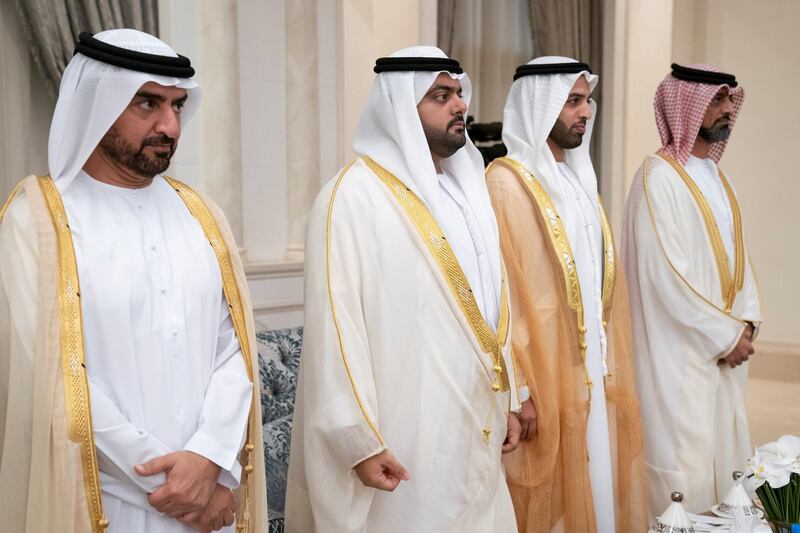 ABU DHABI, UNITED ARAB EMIRATES - June 04, 2019: (L-R) HH Sheikh Abdullah bin Salem Al Qasimi, Deputy Ruler of Sharjah, HH Sheikh Mohamed bin Hamad Al Sharqi, Crown Prince of Fujairah, HH Sheikh Mohamed bin Saud bin Saqr Al Qasimi, Crown Prince and Deputy Ruler of Ras Al Khaimah and HH Sheikh Ammar bin Humaid Al Nuaimi, Crown Prince of Ajman, attend an Eid Al Fitr reception at Mushrif Palace. 

( Hamad Al Mansouri for the  Ministry of Presidential Affairs )
---