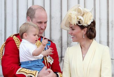 LONDON, ENGLAND - JUNE 08:  Prince William, Duke of Cambridge, Catherine, Duchess of Cambridge, Prince Louis of Cambridge, Prince George of Cambridge and Princess Charlotte of Cambridge during Trooping The Colour, the Queen's annual birthday parade, on June 8, 2019 in London, England.  (Photo by Chris Jackson/Getty Images)