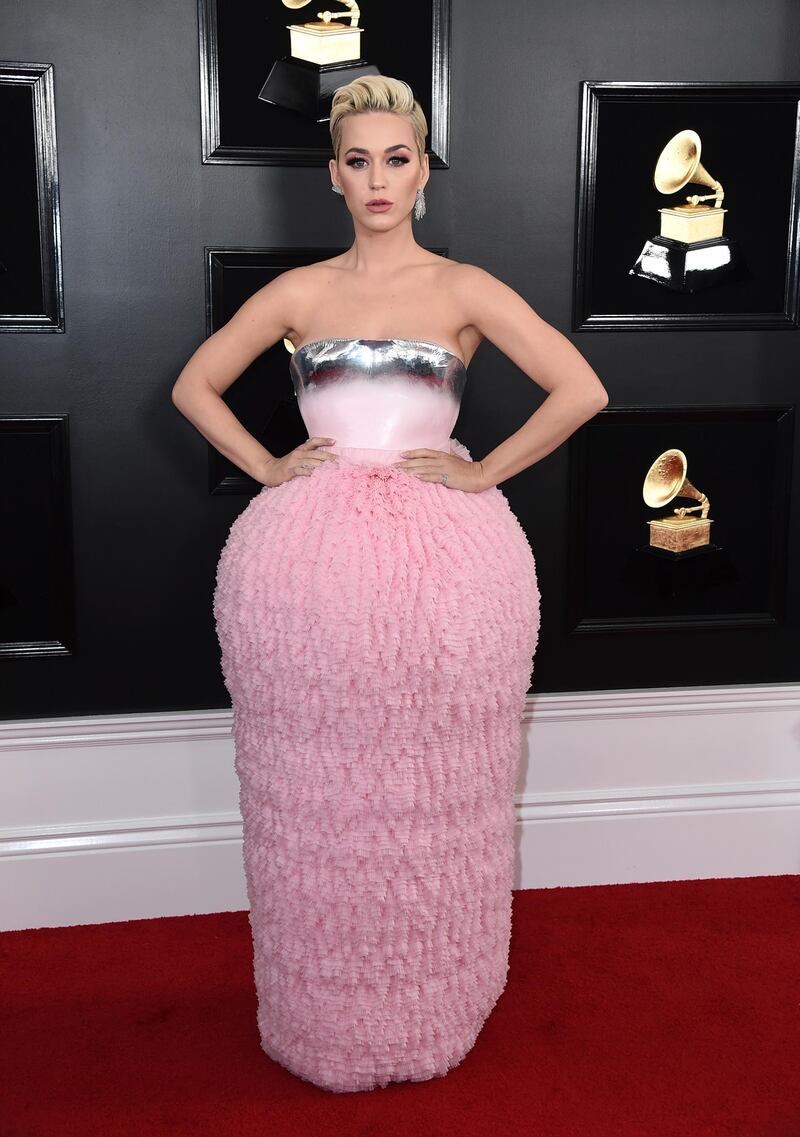 Katy Perry looks like a chic toilet roll holder - and we don't mean that as an insult, it's more just a comment on the structure - in Balmain Haute Coutur. Photo: AP