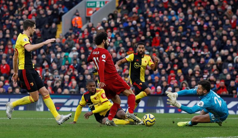 Watford's Ben Foster saves a shot from Liverpool's Mohamed Salah. Reuters