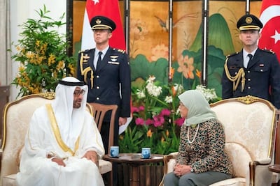 Mohamed_Bin_Zayed Pleased to visit the Republic of Singapore and meet with Her Excellency Halimah Yacob. We're both keen to further strengthen our bilateral ties and are optimistic about their future. MBZ twitter account