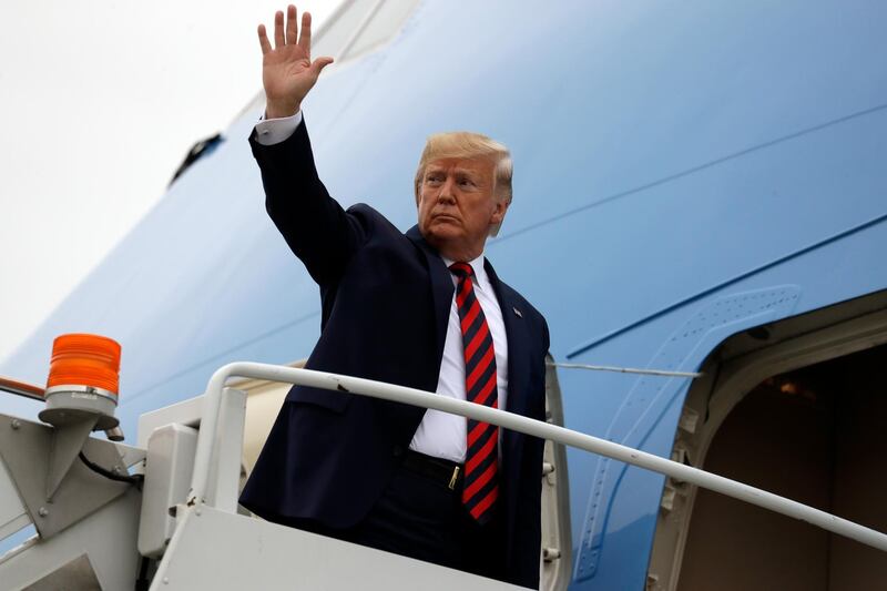 President Donald Trump departs O'Hare International Airport after speaking at the International Association of Chiefs of Police Annual Conference and Exposition, Monday, Oct. 28, 2019, in Chicago. (AP Photo/Evan Vucci)