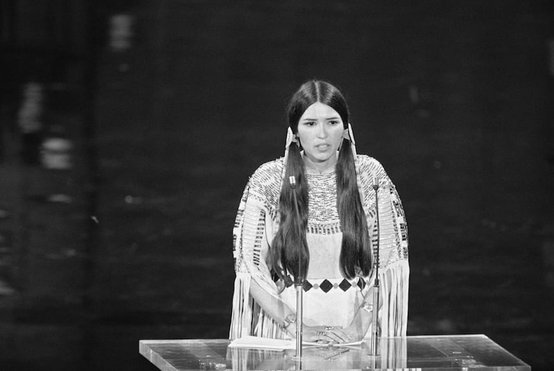 Native American Sacheen Littlefeather speaks at the 45th Academy Awards. On behalf of Marlon Brando, she refused the Best Actor award for his role in 'The Godfather'. Brando refused the award because of the depiction of Native Americans in Hollywood films. Getty Images