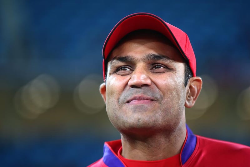 Virender Sehwag of Gemini Arabians looks on during the opening match of the Oxigen Masters Champions League 2016 between Libra Legends and Gemini Arabians on January 28, 2016 in Dubai, United Arab Emirates. Francois Nel/Getty Images