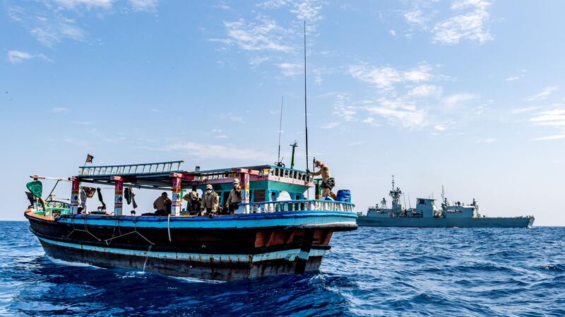 Members of Naval Tactical Operations Group from HMCS CALGARY search a dhow for contraband and find almost 195 kg of illegal narcotics during a counter-smuggling operation on 24 April, 2021 in the Arabian Sea during OPERATION ARTEMIS and part of Combined Task Force 150.

Please credit:

Photo by: Captain Jeffery Klassen, Her Majesty’s Canadian Ship CALGARY, Public Affairs Officer

Produced by: Corporal Lynette Ai Dang, Her Majesty's Canadian Ship CALGARY, Imagery Technician

©2021 DND/MDN CANADA