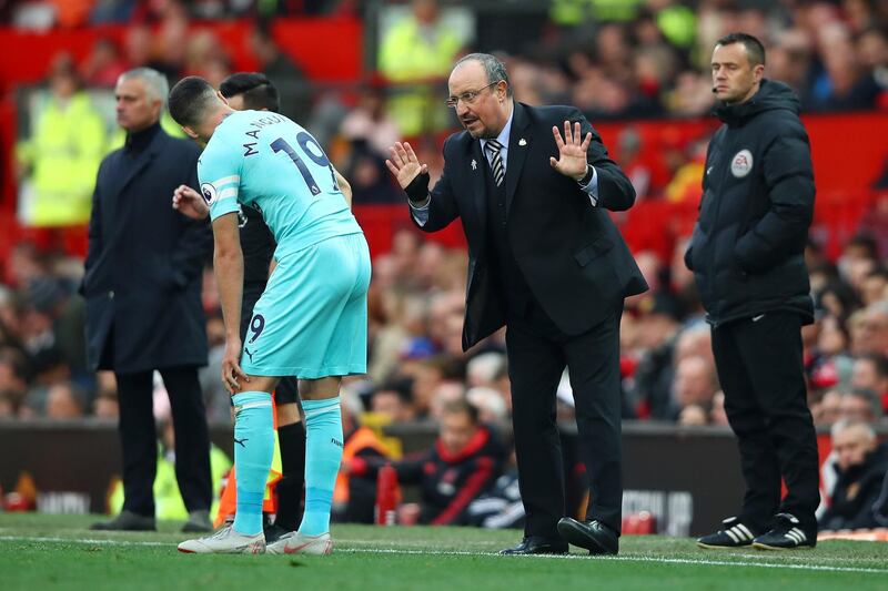 Rafael Benitez, manager of Newcastle United, gives instructions to Javier Manquillo. Getty Images