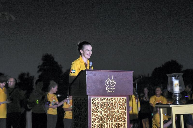 Abu Dhabi, United Arab Emirates - Maria Kelly, Chairperson spoke at the Darkness into Light walk at Emirates Palace. Khushnum Bhandari for The National
