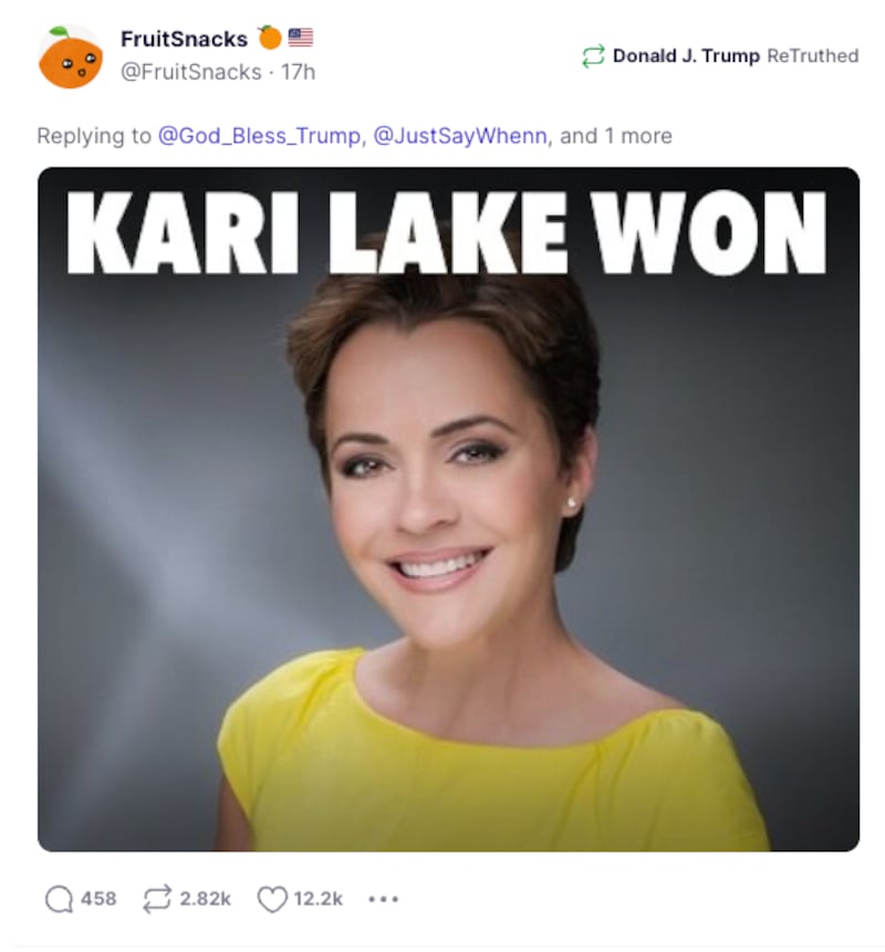 A not-true ReTruth: Trump-backed, election-denying candidate Kari Lake lost to Democrat Katie Dobbs in the Arizona governor race. Photo: Screengrab from Truth Social
