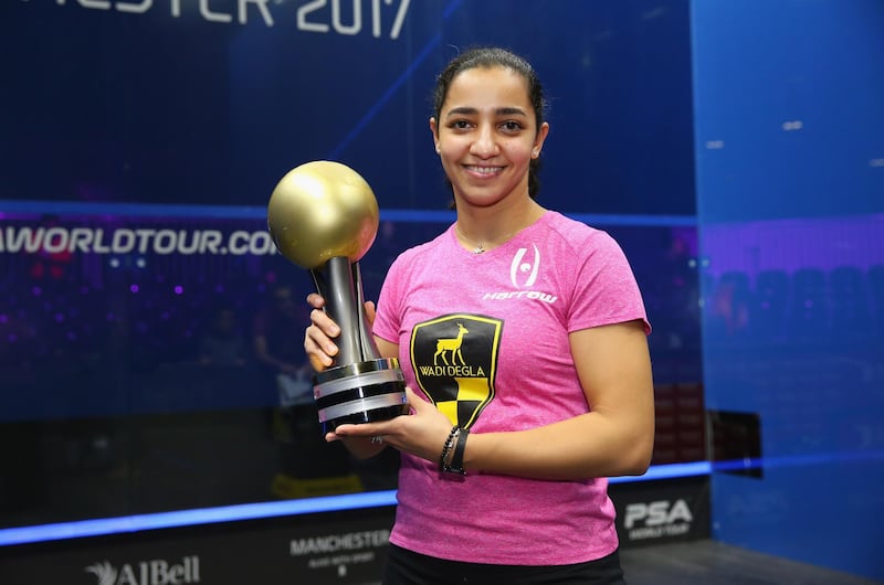 MANCHESTER, ENGLAND - DECEMBER 17:  Raneem El Welily of Egypt holds the AJ Bell PSA World Squash Championships trophy after victory over Nour El Sherbini of Egypt in the Women's Final of the AJ Bell PSA World Squash Championships at the Manchester Central Convention Complex on December 17, 2017 in Manchester, England.  (Photo by Alex Livesey/Getty Images)