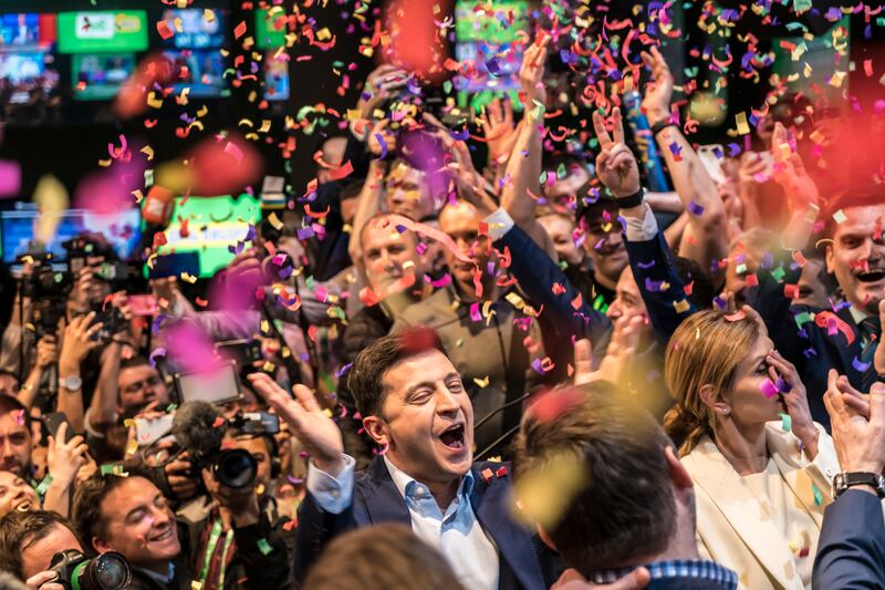 Mr Zelenskyy celebrates his victory in Ukraine's presidential election in April 2019 in Kyiv. Getty Images