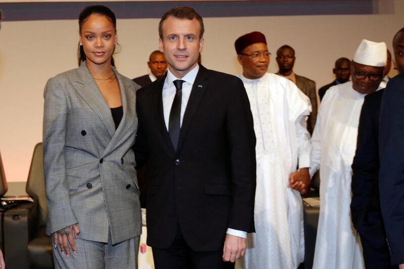 French President Emmanuel Macron and singer Rihanna attend the "GPE Financing Conference, an Investment in the Future" organised by the Global Partnership for Education in Dakar, Senegal, February 2, 2018.  REUTERS/Philippe Wojazer
