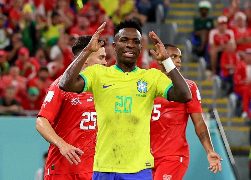 Brazil's Vinicius Junior after missing a chance in the first half. Reuters