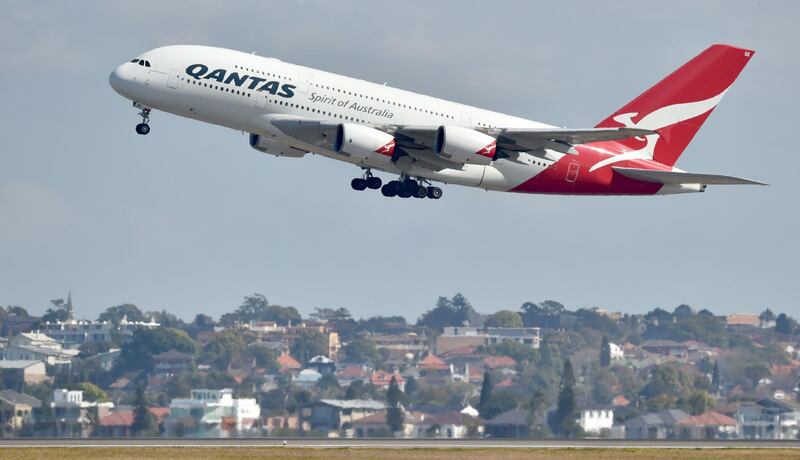 A Qantas Airbus A380 takes off from the airport in Sydney on August 25, 2017.
Australia's Qantas unveiled plans for the world's longest non-stop commercial flight on August 25, 2017 calling it the "last frontier of global aviation", as it posted healthy annual net profits on the back of a strong domestic market. / AFP PHOTO / PETER PARKS
