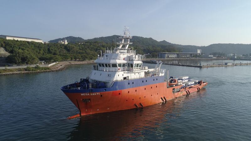 The MV Mega Bakti submarine rescue ship departs from Sepanggar navy base to join the search mission of the missing Indonesia's submarine KRI Nanggala in Malaysia. . EPA