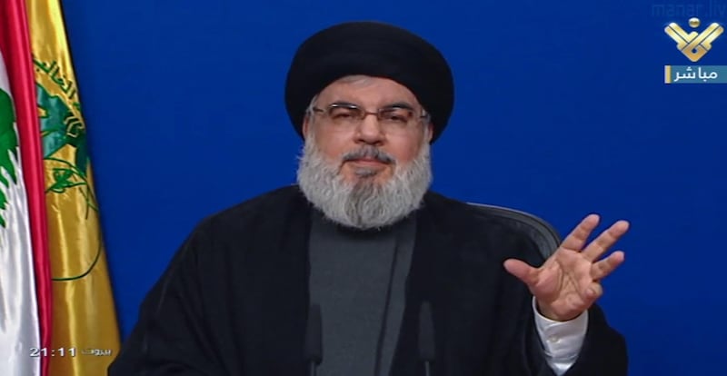 epa08310652 A handout screen grab taken from Hezbollah's al-Manar TV shows Hezbollah's Secretary General Hassan Nasrallah delivering his speech in an Al-Manar TV broadcast in Beirut, Lebanon, 20 March 2020. Nasrallah spoke about the Lebanese-American Amer Fakhoury, who was detained in Lebanon in September 2019, where he was released by decision of the Lebanese Military Court, after which the president of the court resigned, and Nasrallah held the court responsible. Fakhoury, a 57-year-old New Hampshire resident, was accused of overseeing the torture of Lebanese at a prison in south Lebanon in the 1980s and 1990s, while being a part of an Israeli-backed militia during the Israeli occupation, a charge he denies. Nasrallah spoke also about the Coronavirus COVID-19 crisis and praised what the government and the Ministry of Health are doing, and expressed no objection if the Ministry of Health deems it necessary to quarantine some suspicious cities in order to preserve the health of citizens.  EPA/AL-MANAR TV GRAB HANDOUT  HANDOUT EDITORIAL USE ONLY/NO SALES