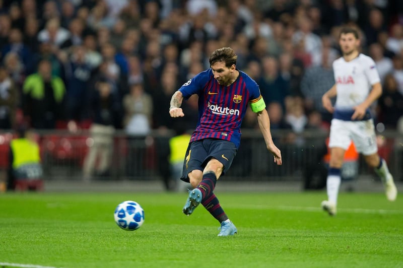 LONDON, ENGLAND - OCTOBER 03:  Lionel Messi of FC Barcelona scores his side's fourth goal during the Group B match of the UEFA Champions League between Tottenham Hotspur and FC Barcelona at Wembley Stadium on October 3, 2018 in London, United Kingdom. (Photo by Craig Mercer/MB Media/Getty Images)