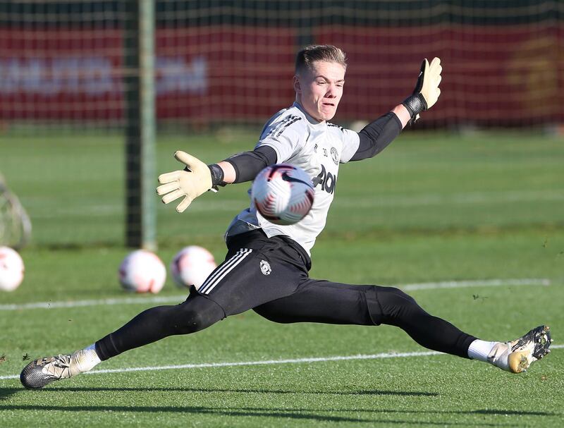 MANCHESTER, ENGLAND - NOVEMBER 19: (EXCLUSIVE COVERAGE) Nathan Bishop of Manchester United in action during a first team training session at Aon Training Complex on November 19, 2020 in Manchester, England. (Photo by Matthew Peters/Manchester United via Getty Images)