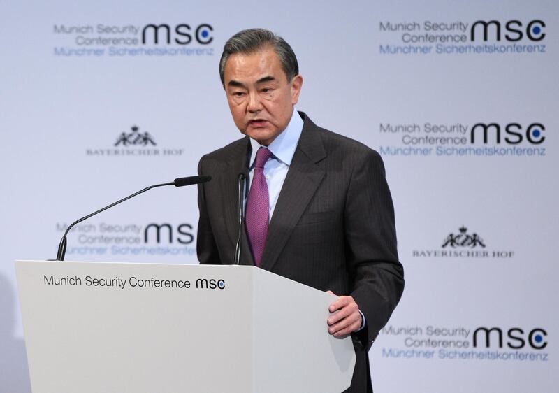 epa08219169 Chinese Foreign Minister and State Councilor  Wang Yi addresses an audience during a Statement and Discussion session at the 56th Munich Security Conference (MSC) in Munich, Germany, 15 February 2020. More than 500 high-level international decision-makers meet at the 56th Munich Security Conference in Munich during their annual meeting from 14 to 16 February 2020 to discuss global security issues.  EPA/PHILIPP GUELLAND