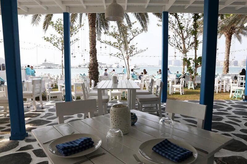 The Fish Beach Taverna at the Le Meridien Mina Seyahi in Dubai, where the views are spectacular but the food less so, except the pan-fried tiger prawns pekmez. Pawan Singh / The National