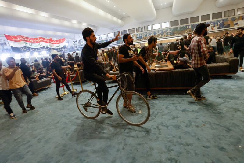 Protesters during their occupation of the Iraqi parliament building in Baghdad. Reuters