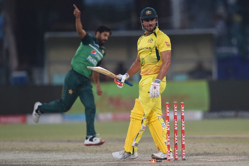 Australia's Marcus Stoinis is bowled out by Pakistan's Haris Rauf. AFP