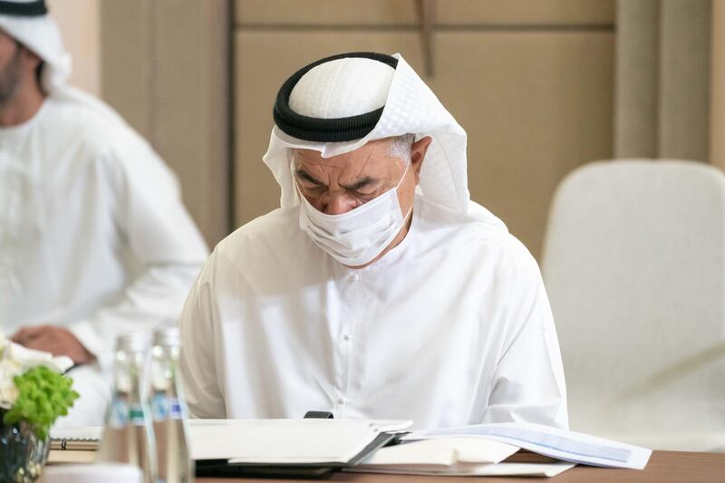 ABU DHABI, UNITED ARAB EMIRATES - July 21, 2020: HE Khalil Mohammed Sharif Foulathi (C), meets with Board of Directors' of the Abu Dhabi Investment Authority (ADIA).

( Rashed Al Mansoori / Ministry of Presidential Affairs )
---