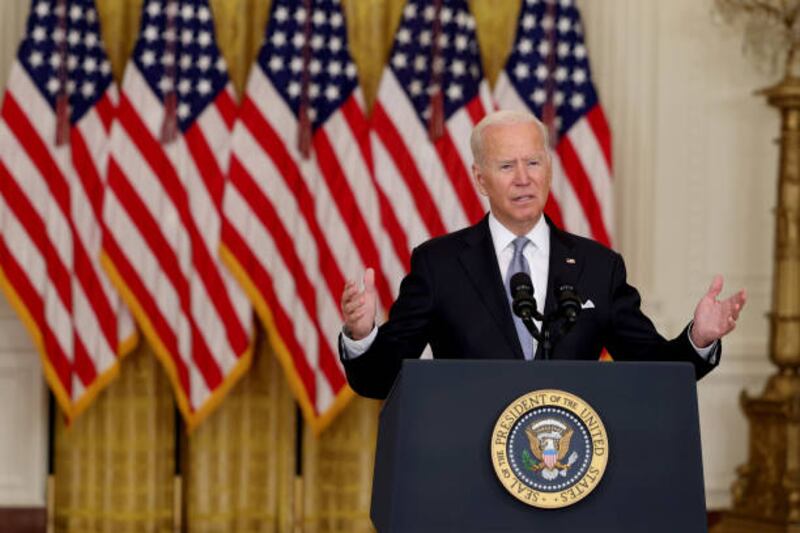 President Biden gives remarks on the worsening crisis in Afghanistan from the East Room of the White House on August 16. Getty Images