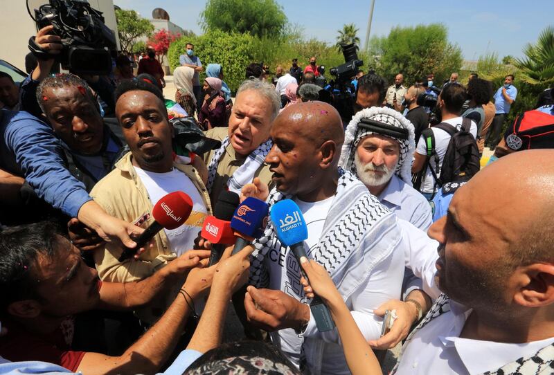 Abdullah Abu Jaber, longest serving Jordanian prisoner in Israeli jails, speaks to media after being released upon arrival at Sheikh Hussein Crossing between Israel and Jordan. EPA