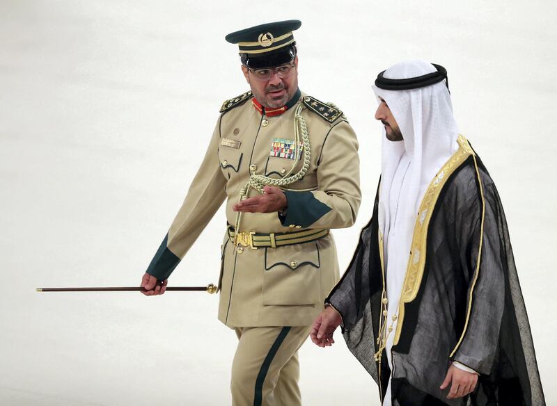 Dubai, United Arab Emirates - Reporter: Salam Al Amir: Sheikh Hamdan bin Mohammed bin Rashid Al Maktoum speaks with Ghaith Ghanim Al Suwaidi, Director of Dubai Police Academy at the Dubai police academy 27th graduation ceremony. Wednesday, January 15th, 2020. Coca Cola Arena, Dubai. Chris Whiteoak / The National