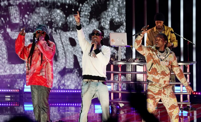 From left: Takeoff, Quavo and Offset of Migos. AP Photo