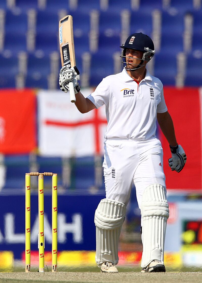 Abu Dhabi,  United Arab Emirates- January,  26, 2012:  Jonathan Trott  of England raises his bat after scoring half century (50 Runs )  bats during the second Test match between Pakistan and England at Sheikh Zayed Stadium   in Abu Dhabi . (  Satish Kumar / The National ) For Sports