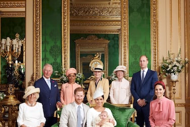 This official christening photograph released by the Duke and Duchess shows Prince Harry, Duke of Sussex and Meghan, Duchess of Sussex with their son, Archie and the Duchess of Cornwall, Britain's Prince Charles, Prince of Wales, Ms Doria Ragland, Lady Jane Fellowes, Lady Sarah McCorquodale, Prince William, Duke of Cambridge and Catherine, Duchess of Cambridge in the Green Drawing Room at Windsor Castle, near London, Britain July 6, 2019. Chris Allerton / Pool via REUTERS 