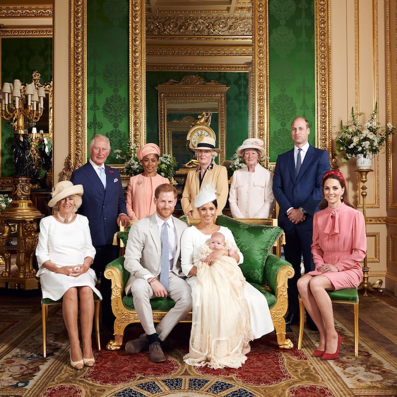 This official christening photograph released by the Duke and Duchess shows Prince Harry, Duke of Sussex and Meghan, Duchess of Sussex with their son, Archie and the Duchess of Cornwall, Britain's Prince Charles, Prince of Wales, Ms Doria Ragland, Lady Jane Fellowes, Lady Sarah McCorquodale, Prince William, Duke of Cambridge and Catherine, Duchess of Cambridge in the Green Drawing Room at Windsor Castle, near London, Britain July 6, 2019. Chris Allerton/Pool via REUTERS   NEWS EDITORIAL USE ONLY. NO COMMERCIAL USE. NO MERCHANDISING, ADVERTISING, SOUVENIRS, MEMORABILIA or COLOURABLY SIMILAR. NOT FOR USE AFTER AFTER 31 DECEMBER, 2019 WITHOUT PRIOR PERMISSION FROM ROYAL COMMUNICATIONS. NO CROPPING. Copyright in this photograph is vested in The Duke and Duchess of Sussex. No charge should be made for the supply, release or publication of the photograph. The photograph must not be digitally enhanced, manipulated or modified in any manner or form and must include all of the individuals in the photograph when published.