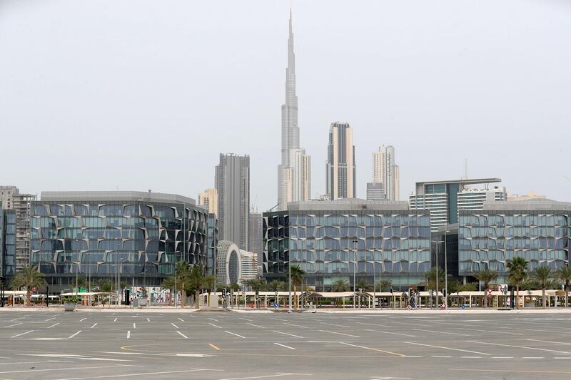 Dubai, United Arab Emirates - Reporter: N/A: An empty carpark in the Design District after Dubai imposed new restrictions on travel and shopping due to the corona virus. Sunday, April 5th, 2020. Dubai. Chris Whiteoak / The National