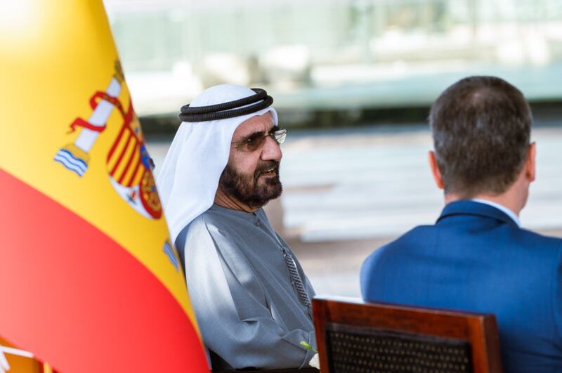 Sheikh Mohammed bin Rashid, Vice President and Ruler of Dubai, meets Spanish Prime Minister Pedro Sanchez at Expo 2020 Dubai. All photos: @HHShkMohd via Twitter
