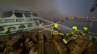 A fire broke out in the early hours of Monday on a dhow in Dubai. Photo: Dubai Civil Defence