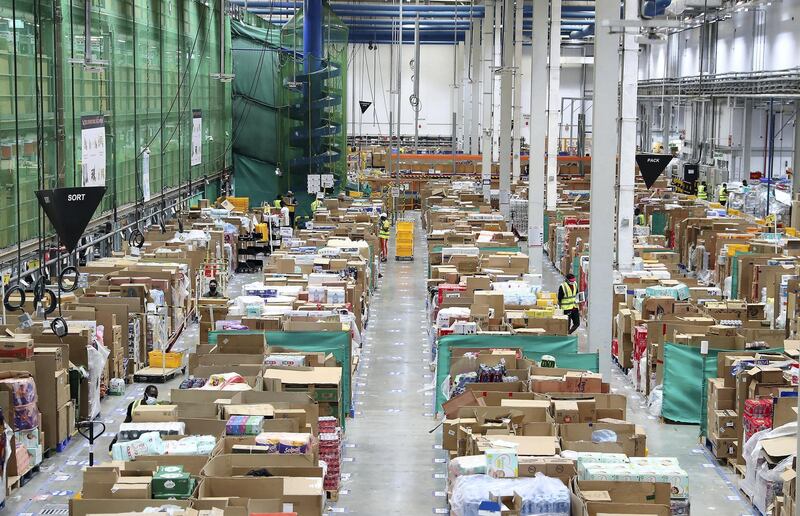 DUBAI, UNITED ARAB EMIRATES , March 18, 2021 –  Inside view of the Amazon DXB3,  Amazon fulfilment centre in Dubai Logistics City in Dubai. (Pawan Singh / The National) For Lifestyle/Online/Instagram. Story by Farah