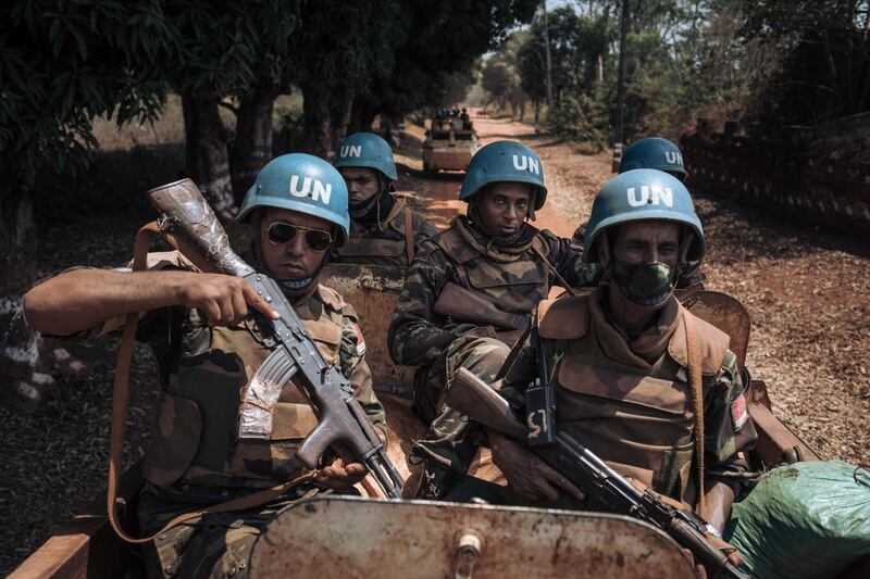 Moroccan peacekeepers from the UN Multidimensional Integrated Stabilisation Mission in the Central African Republic (Minusca) go on patrol in Bangassou. The south-eastern city was attacked by hundreds of militiamen from the Coalition of Patriots for Change, causing tens of thousands of people to flee into the bush and neighbouring DR Congo. Since late last year, the rebel coalition has taken control of main roads and several of CAR’s major cities. AFP