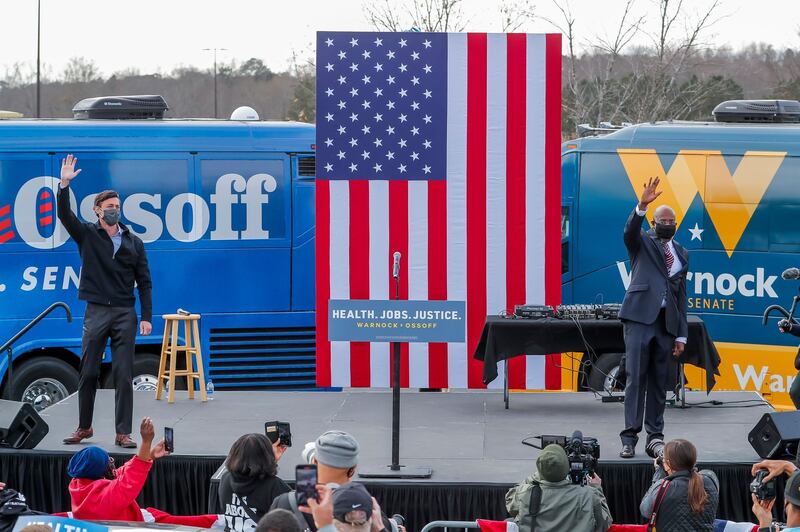 Democratic Georgia US Senate candidates Jon Ossoff and Reverend Raphael Warnock participate in a dual campaign event during the final week of early voting in their US Senate runoff election in Stonecrest, Georgia, USA.  EPA