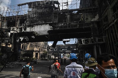 Part of the Grand Diamond City Casino and Hotel destroyed by fire in Poipet on Thursday. AFP