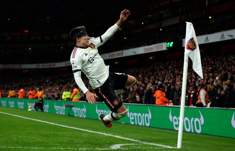 Lisandro Martinez celebrates after scoring Manchester United's second goal. AP